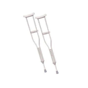 Pair of adjustable aluminum crutches with padded grips and tips on white background