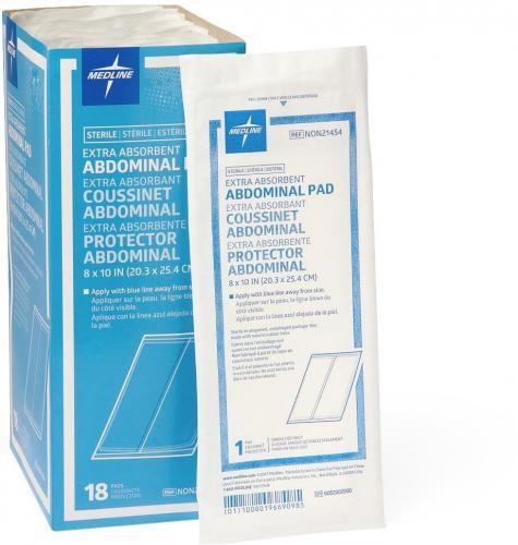 Extra absorbent sterile abdominal pad in individual packaging beside product box, medical supply
