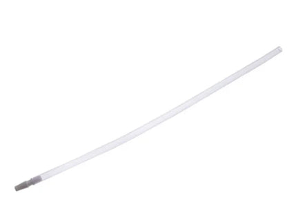 Sterile suction catheter for medical respiratory care, clear plastic tube on white background