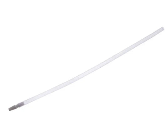 Sterile suction catheter for medical respiratory care, clear plastic tube on white background