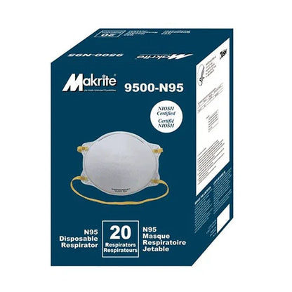 Makrite 9500-N95 disposable respirator mask box, 20-pack, NIOSH certified