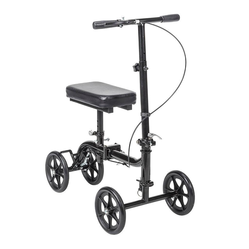 Adjustable black knee walker with four wheels and padded seat for mobility support