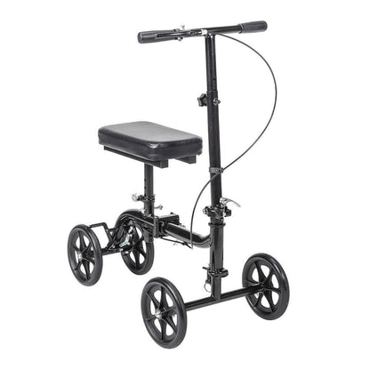 Adjustable black knee walker with four wheels and padded seat for mobility support