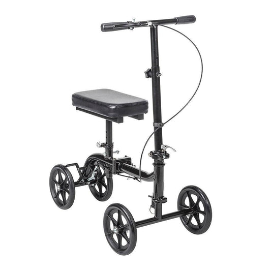 Black knee walker scooter with padded seat and four wheels for mobility aid