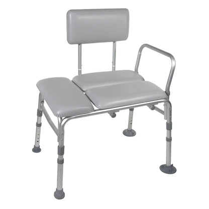 Padded transfer bench with adjustable legs and backrest for safe bathing and mobility assistance