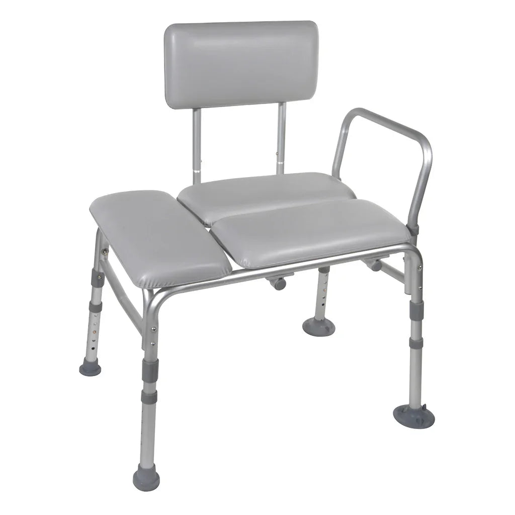 Padded transfer bench with backrest and adjustable legs for home care or mobility assistance
