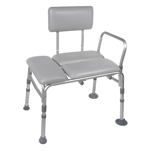 Padded transfer bench with backrest and adjustable legs for home care or mobility assistance