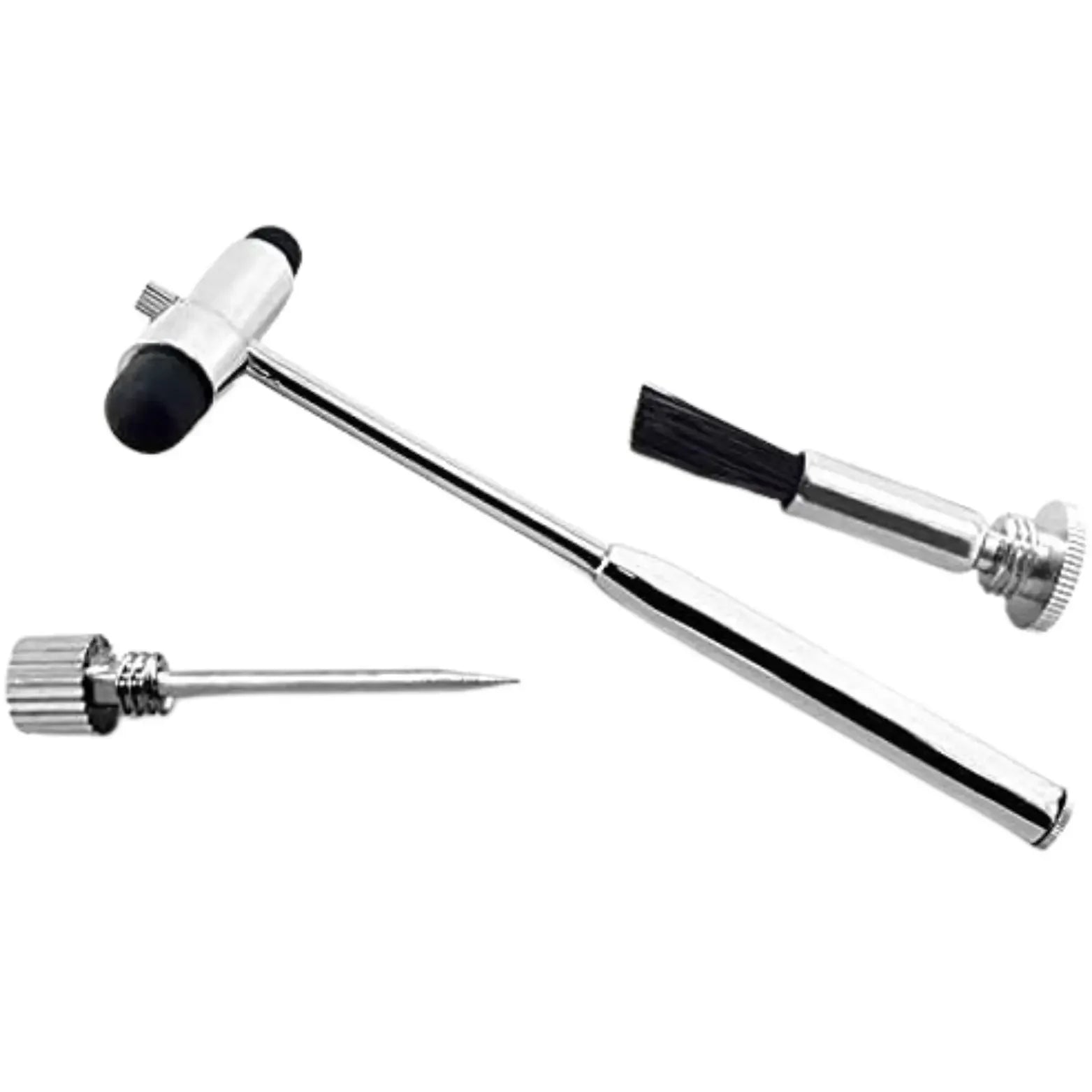 Reflex hammer set with metal handle, brush, and pin for neurological examination