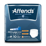 Attends bariatric underwear XXX-large adult diapers package, 10 count, for overnight protection.