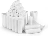 Multiple sterile white medical gauze rolls stacked on a white background, wound care supplies