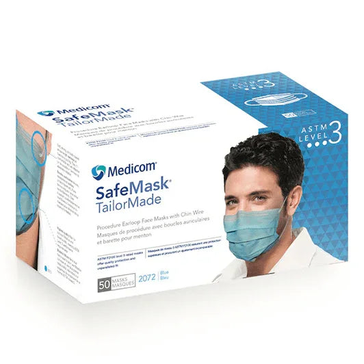 Medicom SafeMask TailorMade blue ASTM Level 3 earloop face masks box, 50 masks, man wearing mask