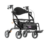 Lightweight black rollator wheelchair with four wheels, padded seat, and footrests for mobility aid.