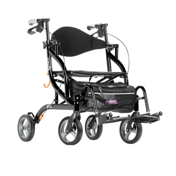 Lightweight black rollator wheelchair with four wheels, padded seat, and footrests for mobility aid.