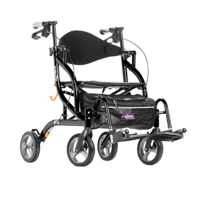 Lightweight black rollator wheelchair with four wheels, padded seat, and footrests for mobility aid.