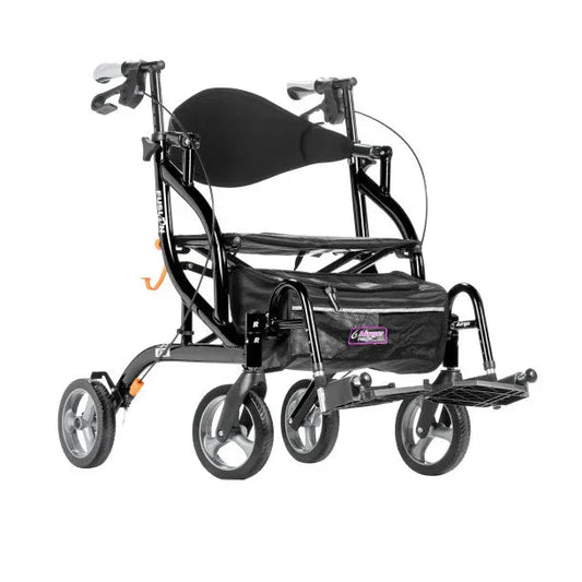 Lightweight black transport wheelchair with large wheels, padded seat, and armrests