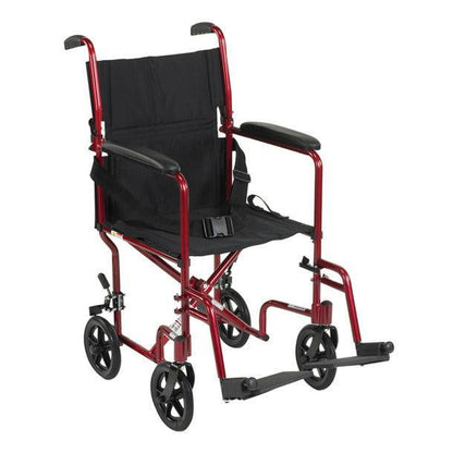 Lightweight red folding transport wheelchair with black seat and footrests