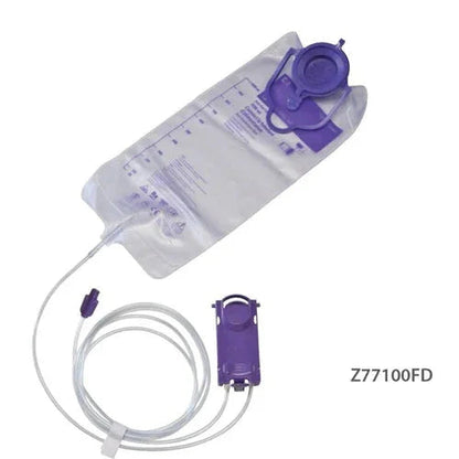 Medical feeding bag with purple cap and tubing for enteral nutrition