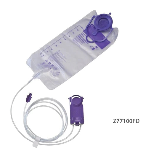 Enteral feeding bag with purple cap and tubing for medical nutrition delivery