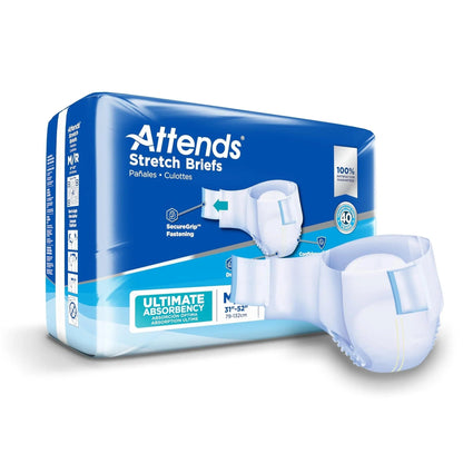 Attends stretch briefs adult diapers with ultimate absorbency in blue packaging