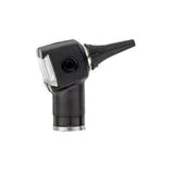 Black otoscope medical diagnostic tool with clear viewing window on white background