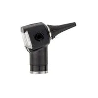 Black otoscope medical diagnostic tool with clear viewing window on white background
