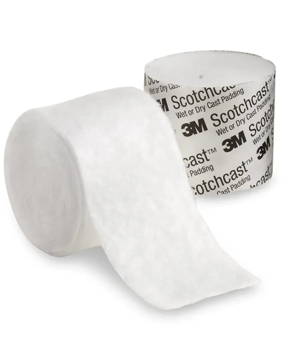 Two rolls of medical cast padding, one unrolled, used for orthopedic and wound care.