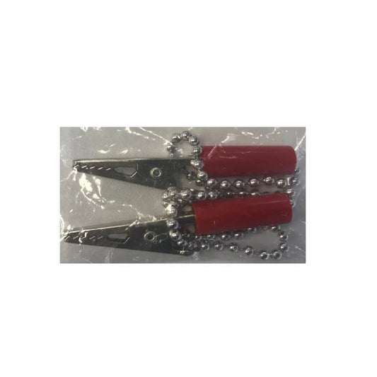 Pair of metal alligator clips with red insulated handles and attached bead chain