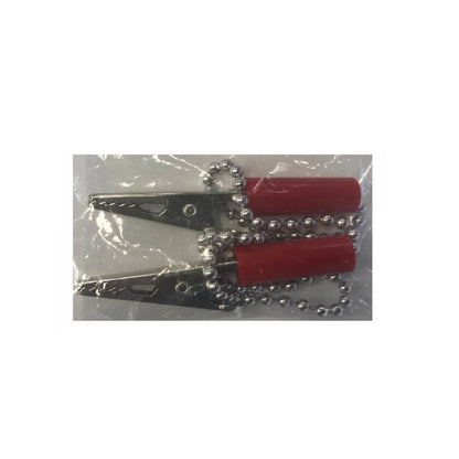 Two red-handled alligator clips with a metal ball chain on white background