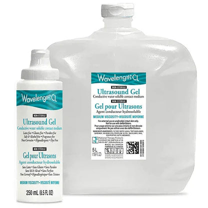 Wavelength CL ultrasound gel bottles in 250 mL and 5 L sizes, clear containers with labels