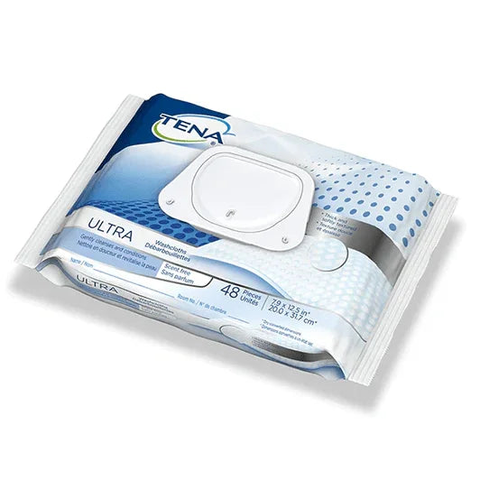 TENA Ultra disposable washcloths pack, 48 moist wipes for personal care hygiene
