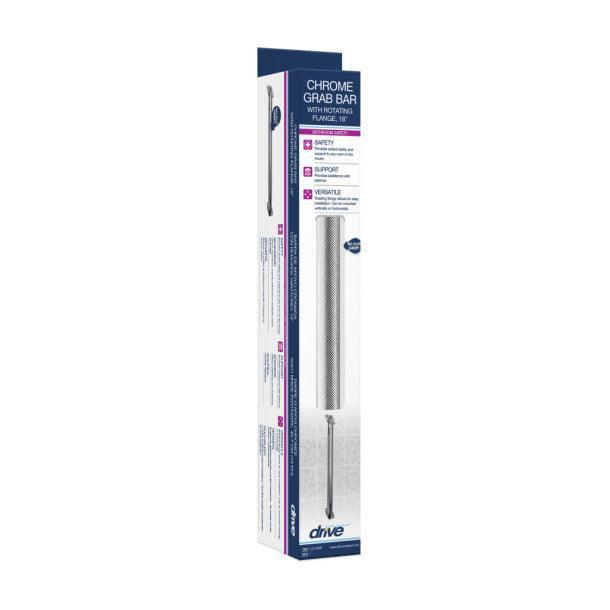 Chrome grab bar with rotating flange in retail packaging for bathroom safety support