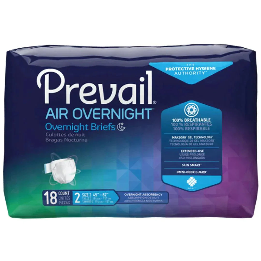 Prevail Air Overnight adult briefs package, size 2, 18 count, for incontinence care