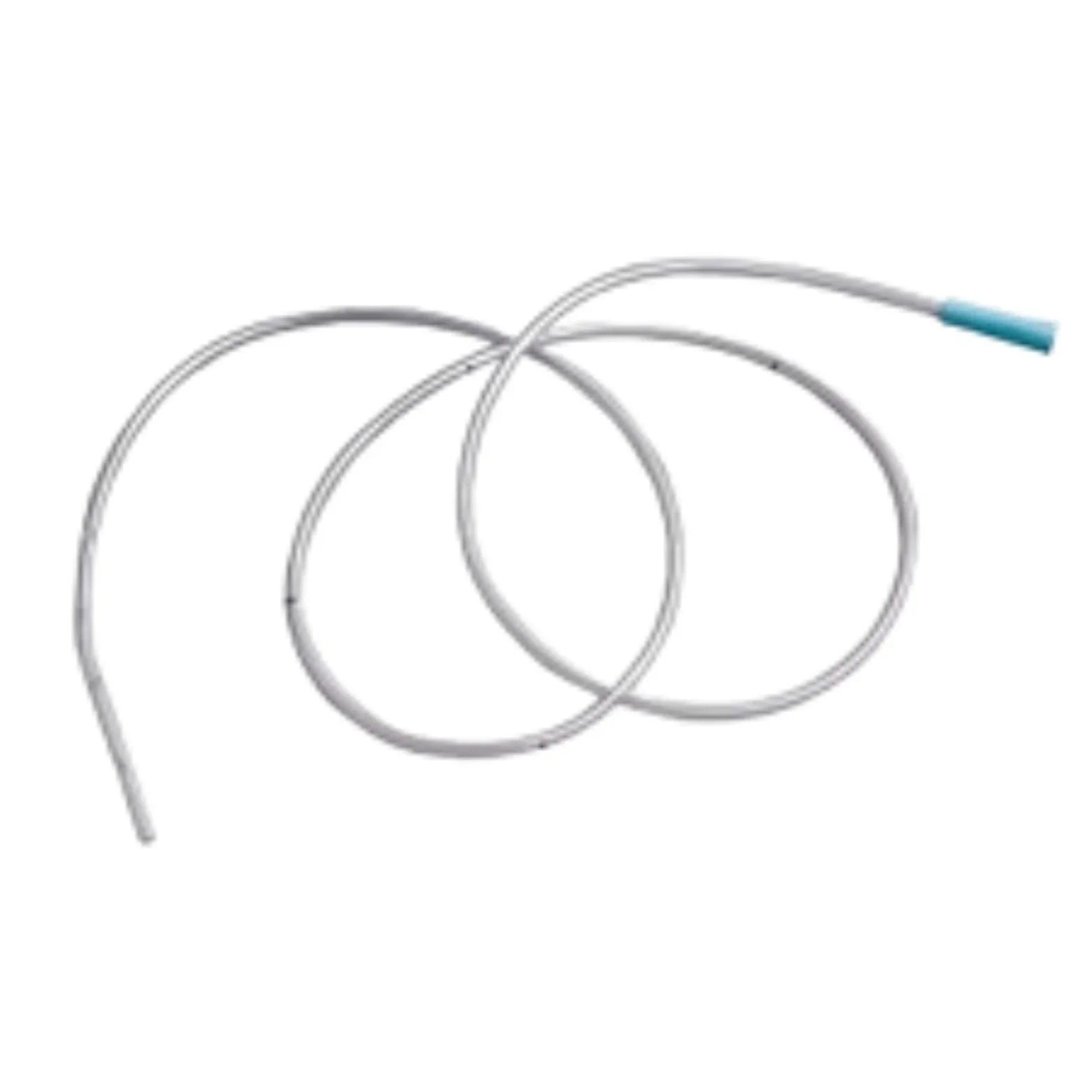 Sterile medical suction catheter with blue tip on white background