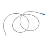 Sterile medical suction catheter with clear tubing and blue connector on white background