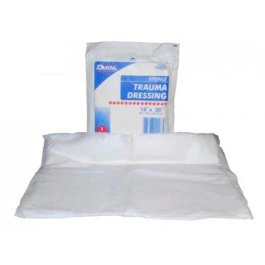 Sterile trauma dressing in packaging and unfolded, medical wound care supply