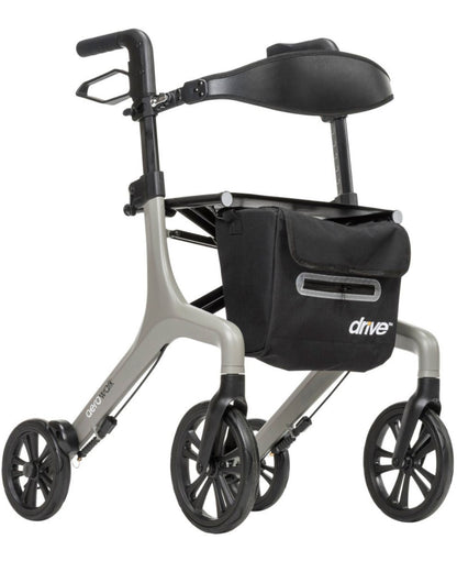 Ultra-lightweight grey rollator walker with armrest, black seat and storage bag