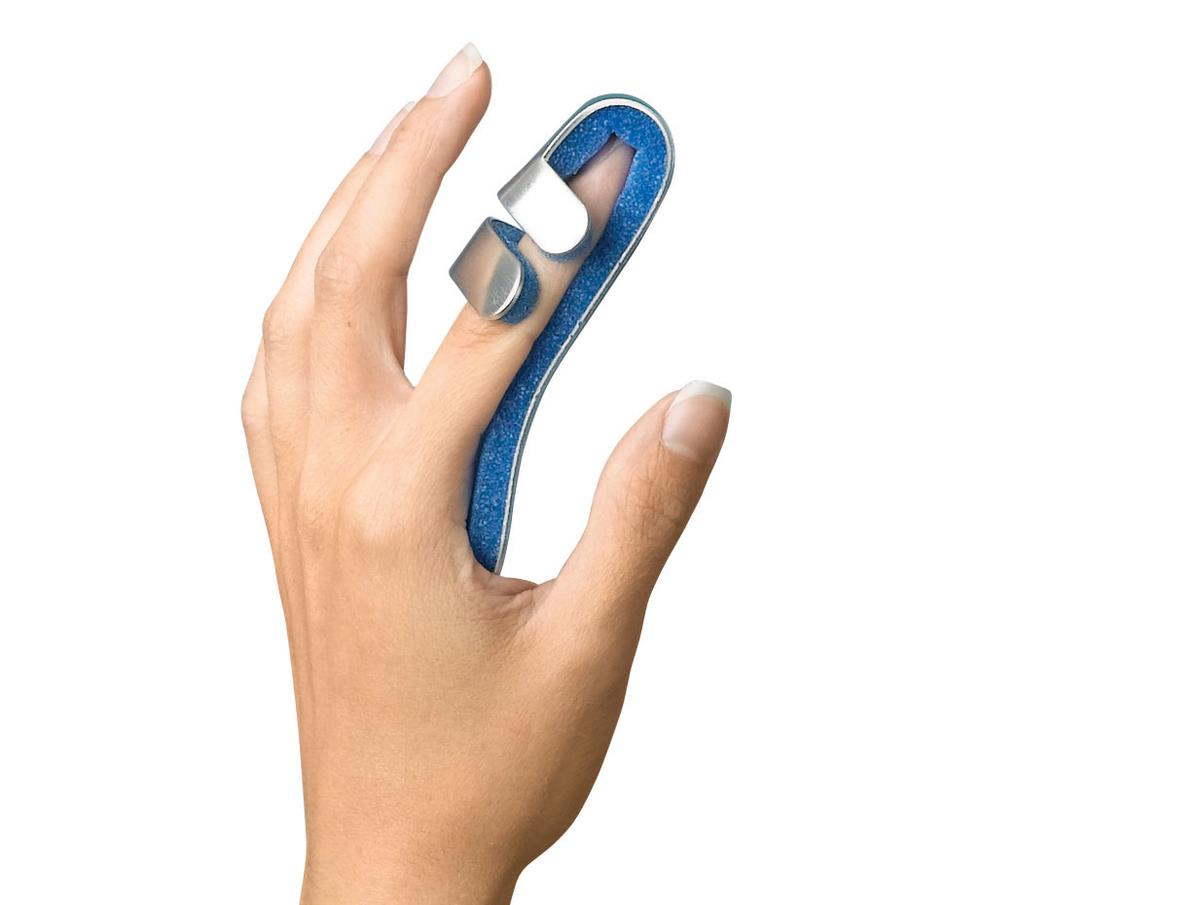 Blue finger splint with metal supports for hand therapy and injury recovery
