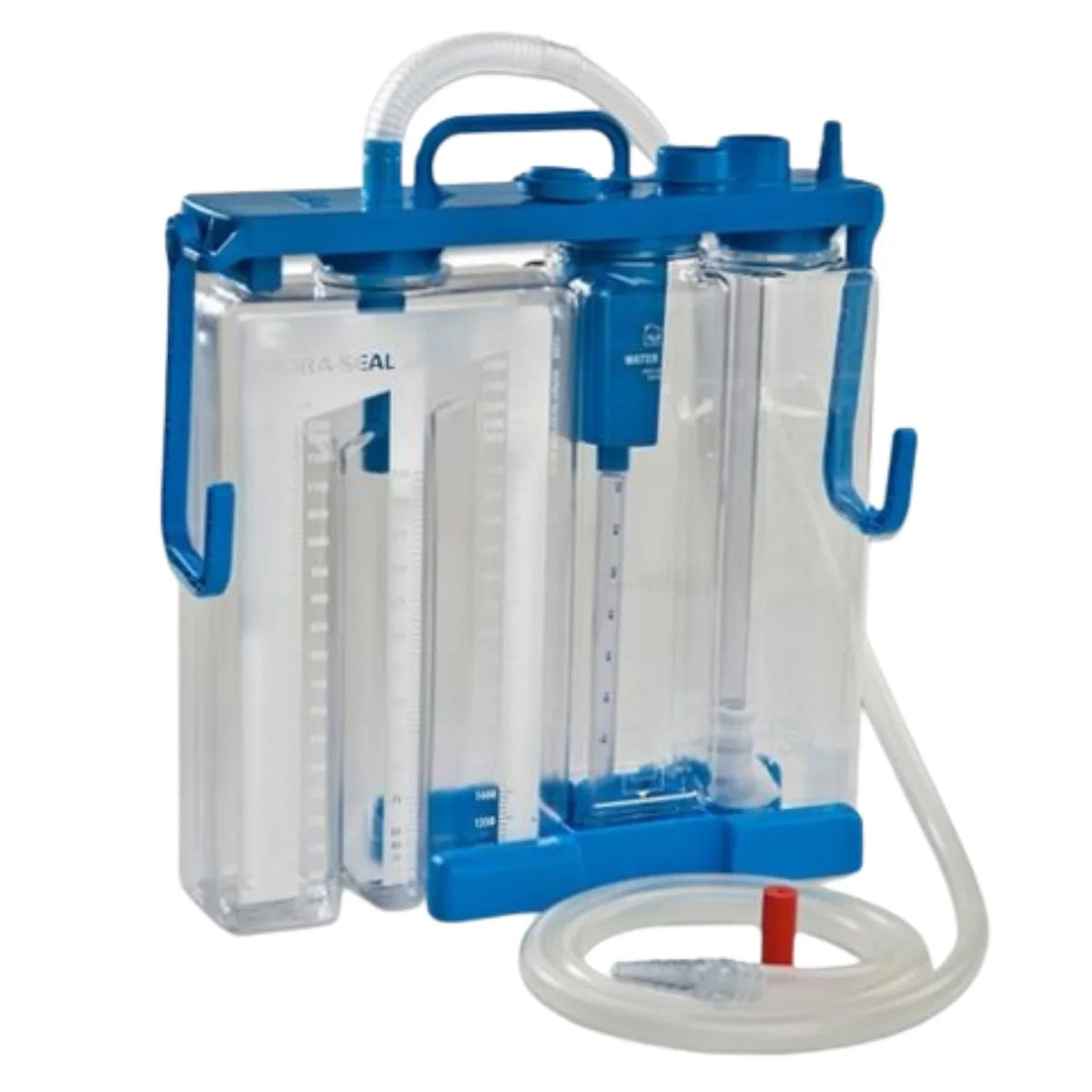 Clear plastic chest drainage unit with blue accents and attached drainage tubing