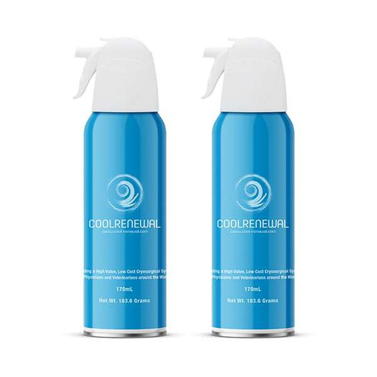CoolRenewal cryosurgical spray cans for medical use, 170mL each, blue with white nozzle