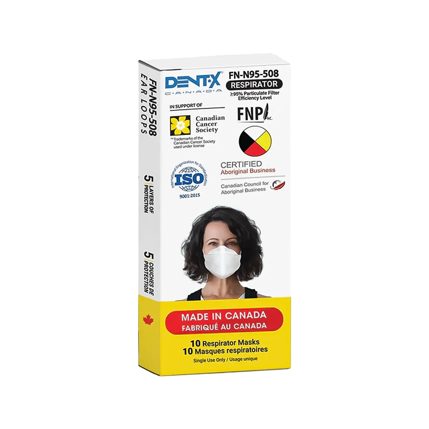Dentx FN-N95-508 respirator mask box with image of woman wearing white N95 mask