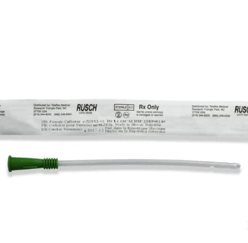 Female intermittent catheter medical device with green connector and sterile packaging