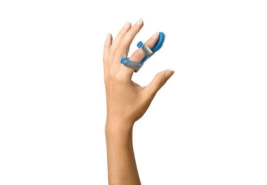 Blue finger splint for hand therapy and finger support, ideal for home care and medical recovery.