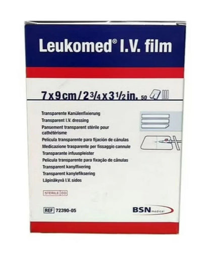 Leukomed IV film dressing box, 7x9cm, sterile transparent catheter dressing, 50 count
