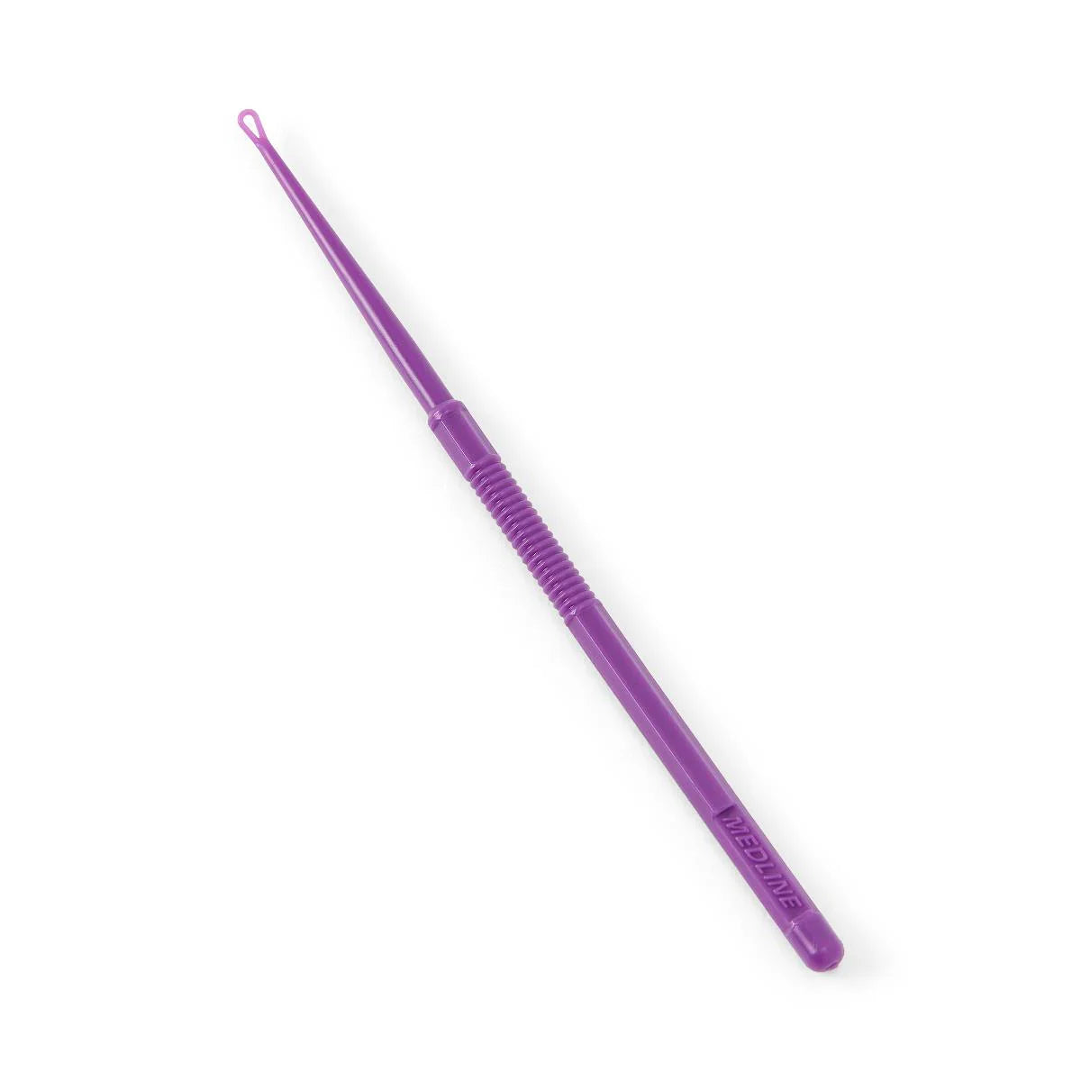 Purple plastic medical comedone extractor tool with textured grip on white background