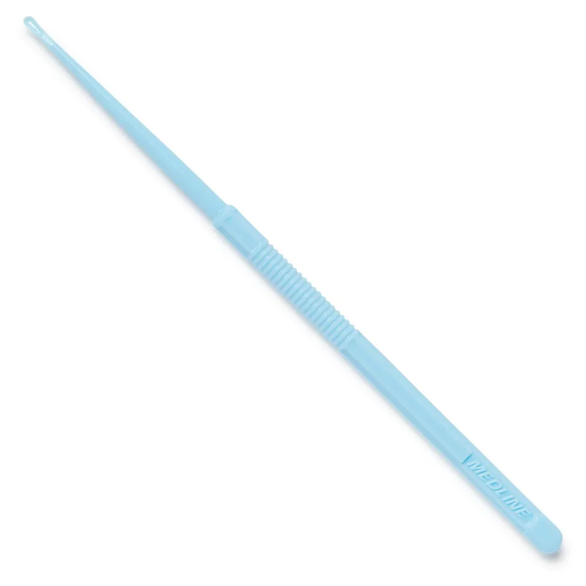 Blue plastic medical curette with fine loop tip on white background