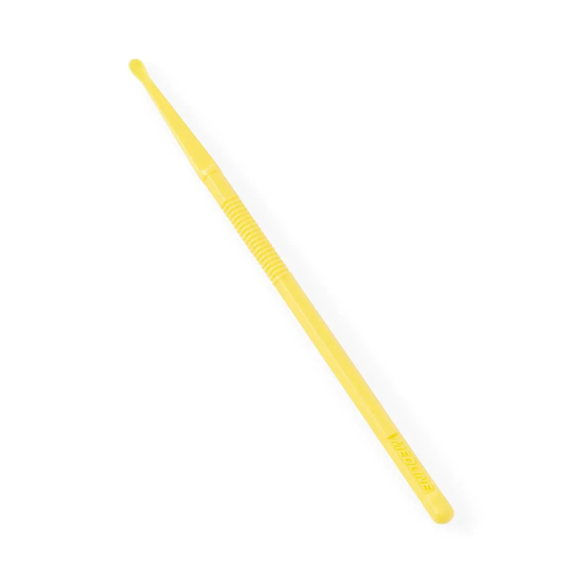 Yellow disposable plastic medical forceps on white background, home care supply