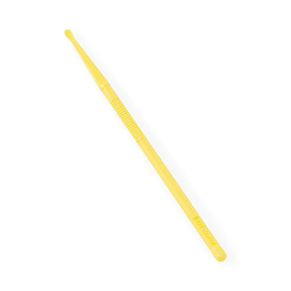 Yellow disposable plastic medical forceps on white background, home care supply