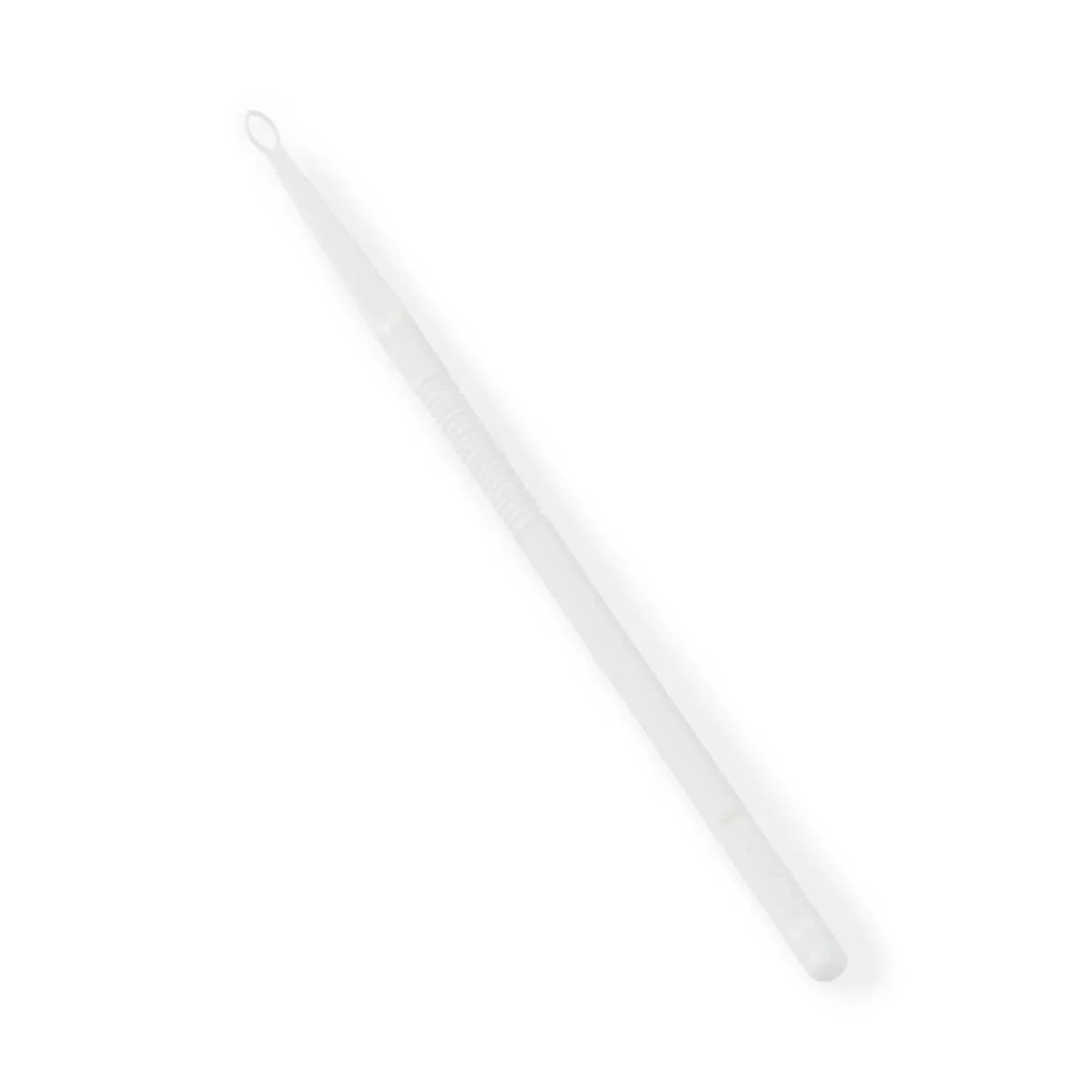 White plastic comedone extractor tool with loop, isolated on a white background
