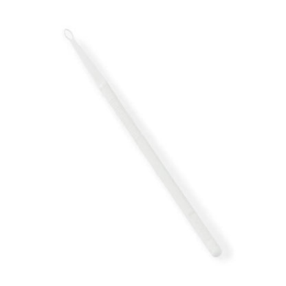 White plastic comedone extractor tool with loop, isolated on a white background