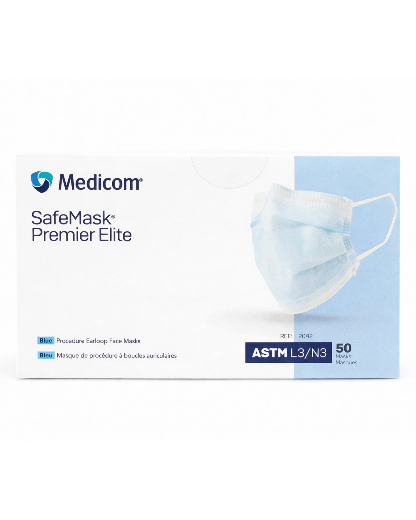 Medicom SafeMask Premier Elite blue procedure earloop face masks, ASTM L3/N3, 50 count